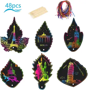

48pcs Leaves Scratch Paper Kids Rainbow Scratch Card Magic Scratch Card Notes Set for Birthday Party Spring Gift DIY Decoration
