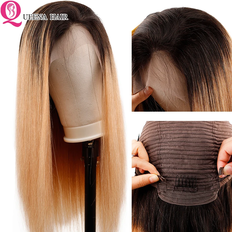 

Ombre Blonde Straight Lace Front Wig Pre Plucked Raw Indian Short Colored 1B/27 Human Hair Wigs Glueless HD Lace Frontal Wig Rem