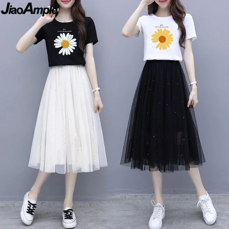 2021 Summer Korean Clothing Suit Women Fashion Daisy Print T-shirt Skirts Set Girls Student Leisure Joker Mesh Dress Wholesale