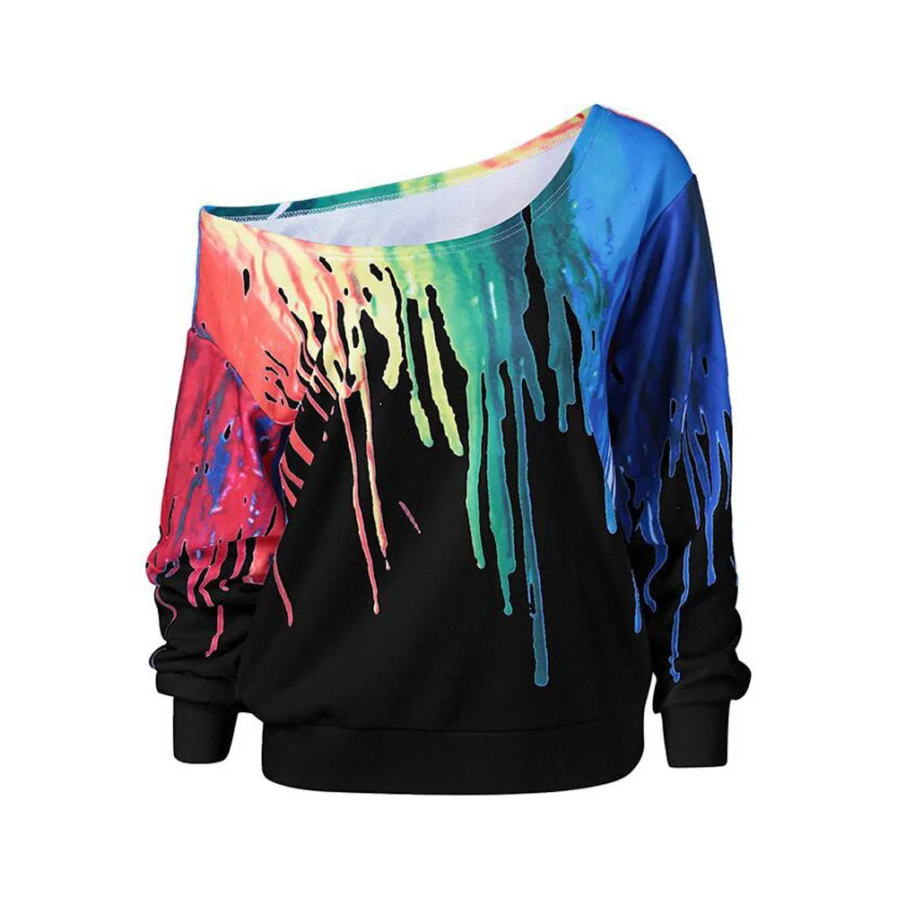 JAYCOSIN Fashion Women Simple Casual Loose Rainbow Print Sweatshirt Long Sleeve Comfortable Soft Pullover Blouse Sweatshirt