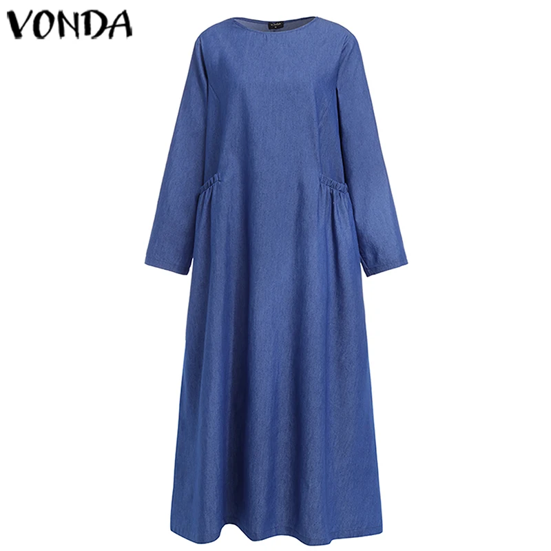VONDA/осеннее однотонное платье с длинным рукавом размера плюс, богемные вечерние платья макси, повседневное пляжное платье с круглым вырезом, Femme Robe 5XL Vestidos