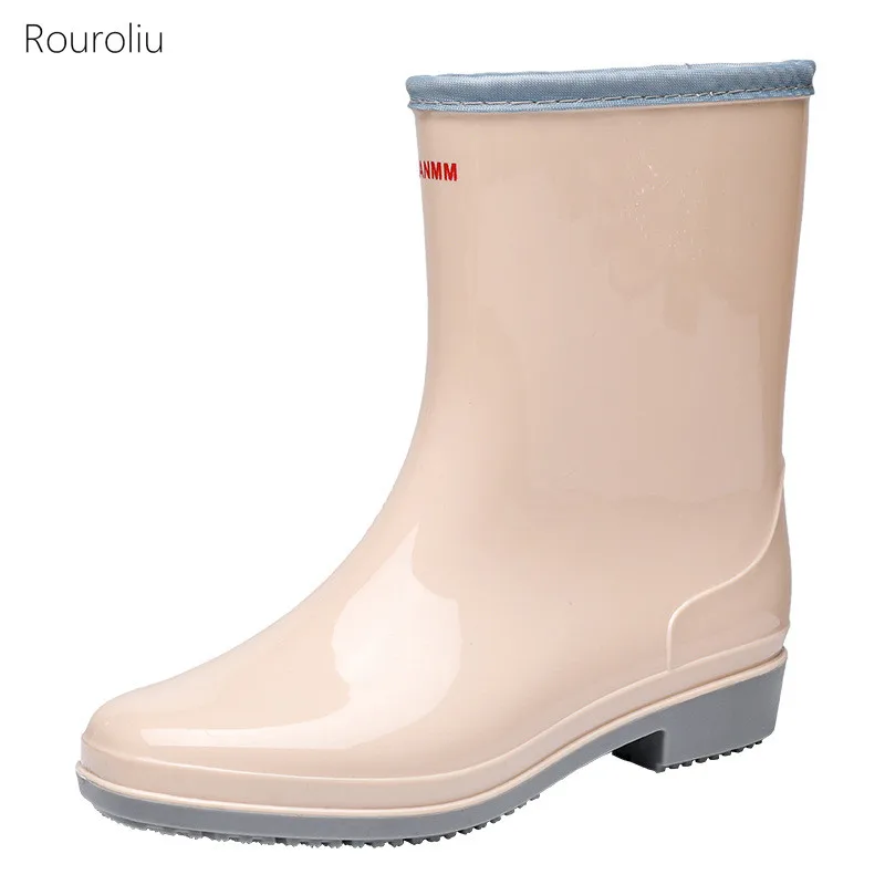 Rouroliu 2021 Mid-Calf Women Rain Boots Female Outdoor Waterproof Water Shoes Candy Color Slip-on