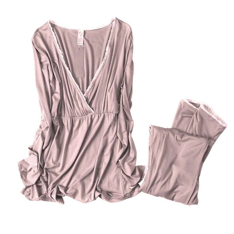 Пижамы для беременных, кормящих, кружевные пижамы для беременных, кормящих грудью, ночная рубашка для беременных с подушечкой на груди, женская одежда для сна, комплект домашней одежды - Цвет: Purple