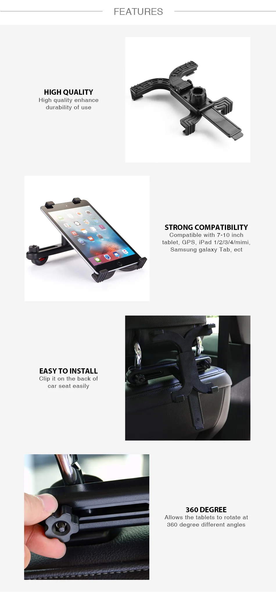 Автомобильный держатель с гибким поворотом на 360 градусов, подставка для 7-11 дюймового телефона, планшета, gps дисплея, планшета, подставка на заднее сиденье, крепление на подголовник