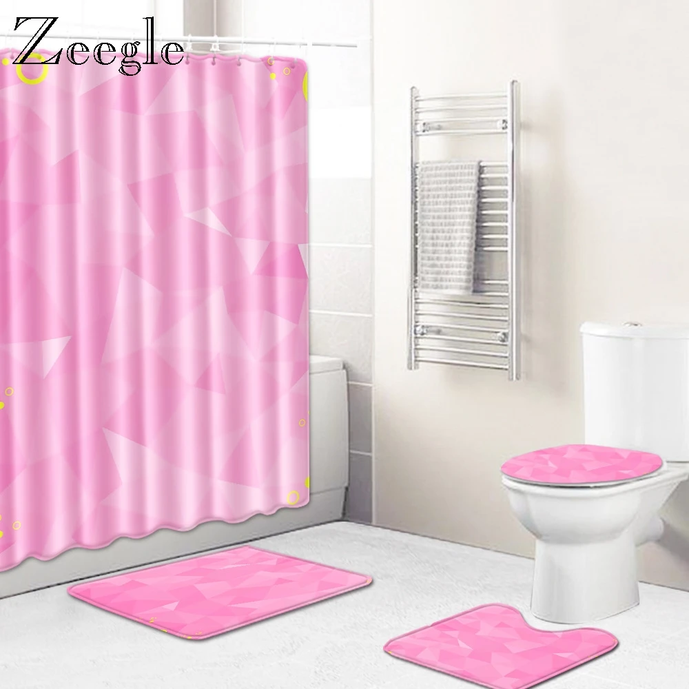 Zeegle 4Pcs Bath Mat Set Toilet Cover Seat Mat Bathroom Doormat Shower Curtain Flannel Toilet Pedestal Rug Bathroom Curtain Set