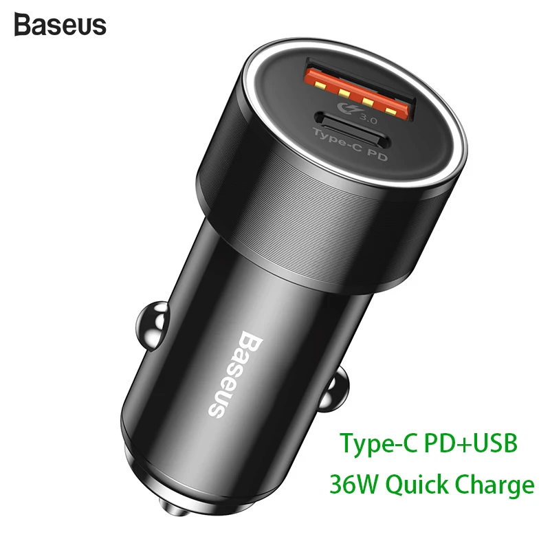 

Baseus Car Phone Charger USB Quick Charge for iPhone X 8 8P Huawei Fast Charger Adapter Socket 36W Type-C PD Auto Car Charging
