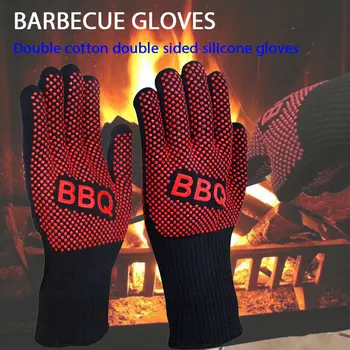 

Durable BBQ Gloves Oven Mitts Glove Red Black Silicone Cotton Barbecue Gloves Home Grilled Meat Kitchen Restaurant Outdoor