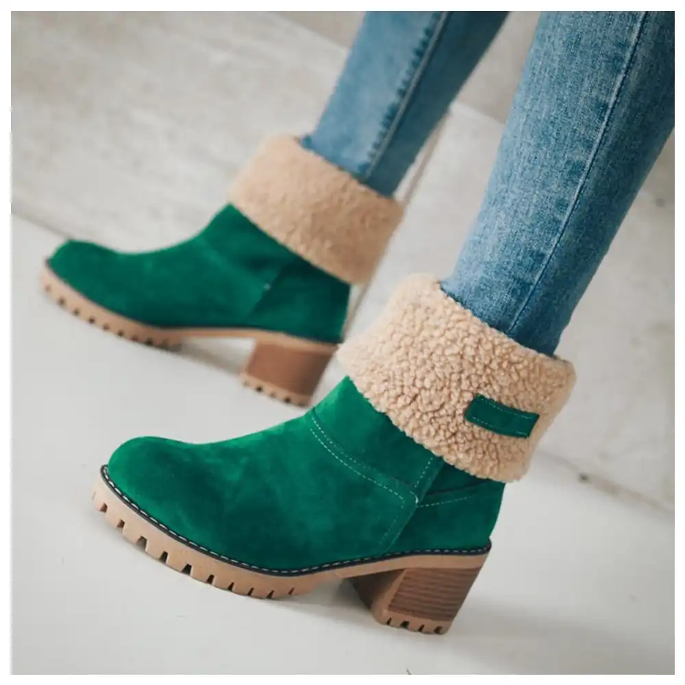 women cute warm short boots suede chunky mid heel round toe winter snow ankle booties