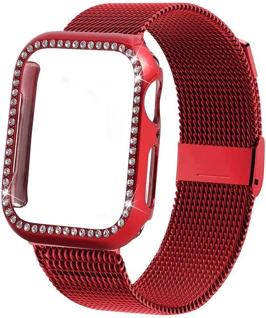 red Алмазный чехол для часов+ Миланская петля для Apple Watch 42 мм 38 мм 40 мм 44 мм браслет ремешок для Apple Watch 5 группа серия 4 3 2 1 - Цвет ремешка: red