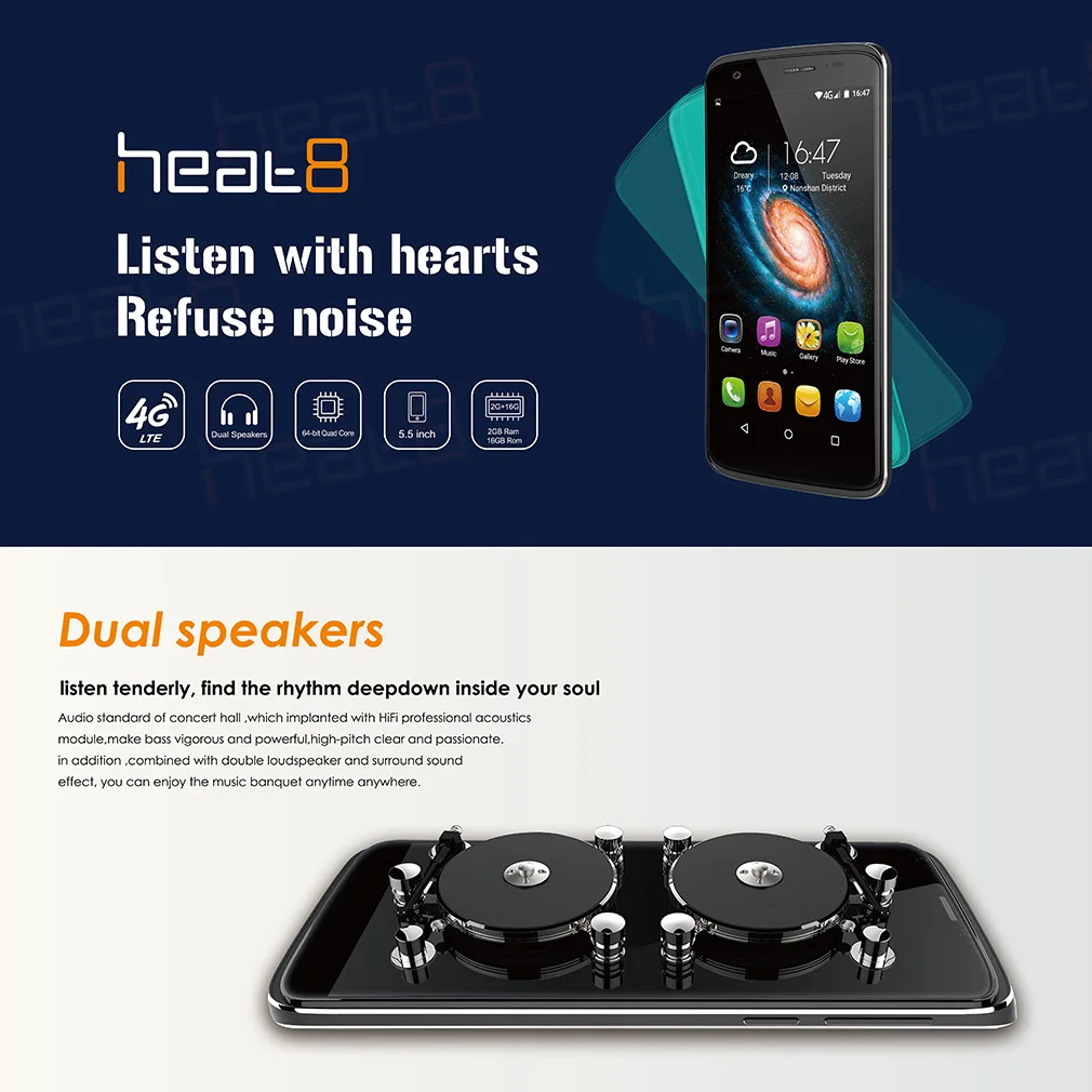 DINGDING Heat8 4G 5.5 Inch 720*1280 HD Touch Screen Display Smart Phone Quad Core 2GB + 16GB Phone For Android
