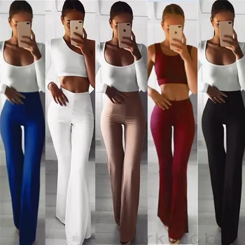 

Women Solid High Waist Flare Wide Leg Chic Trousers Bell Bottom Pants