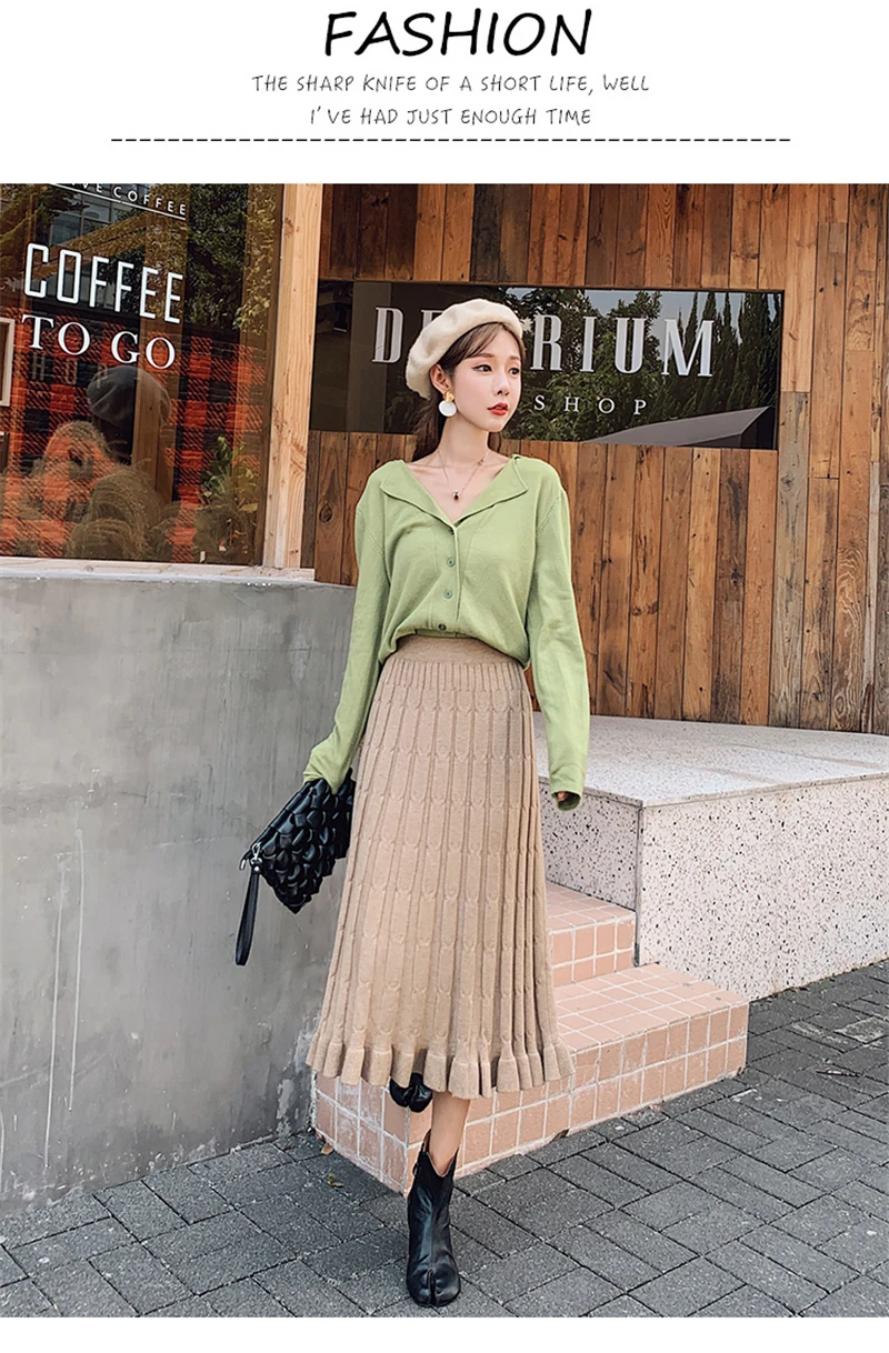 BGTEEVER Autumn Winter Cable Twist Women Knitted Skirts Thick Warm Midi Skirt Elastic Band High Waist Tulle Skirt for Women