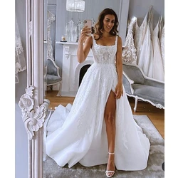 Vintage High Split Backless Wedding Dresses 2021 Lace Appliques A-Line Long Tulle Simple White Wedding Gowns Vestido De Noiva