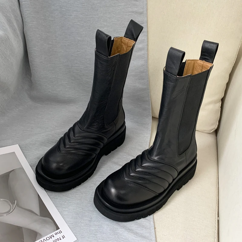 Black Platform Chelsea boots women round toe Thick Bottom ankle boots for women fashion brand design Knight Boots Woman