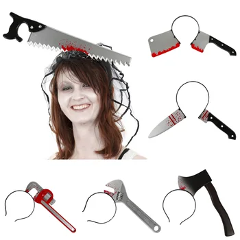 

Besegad Halloween Plastic Bloody Horror Axe Saw Wrench Bayonet Knife Weapon Headband Costumes Props for April Fool Masquerade