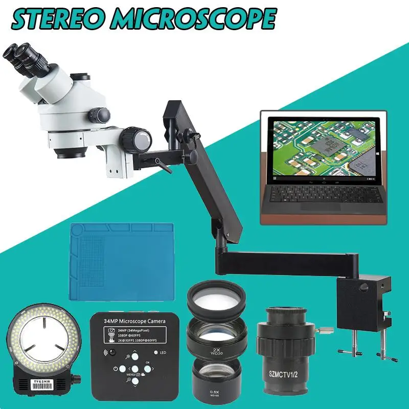

Trinocular Digital Microscope 3.590X Articulating Arm Pillar Clamp Zoom Simul Focal Stereo 34MP Video Camera For Industrial PCB