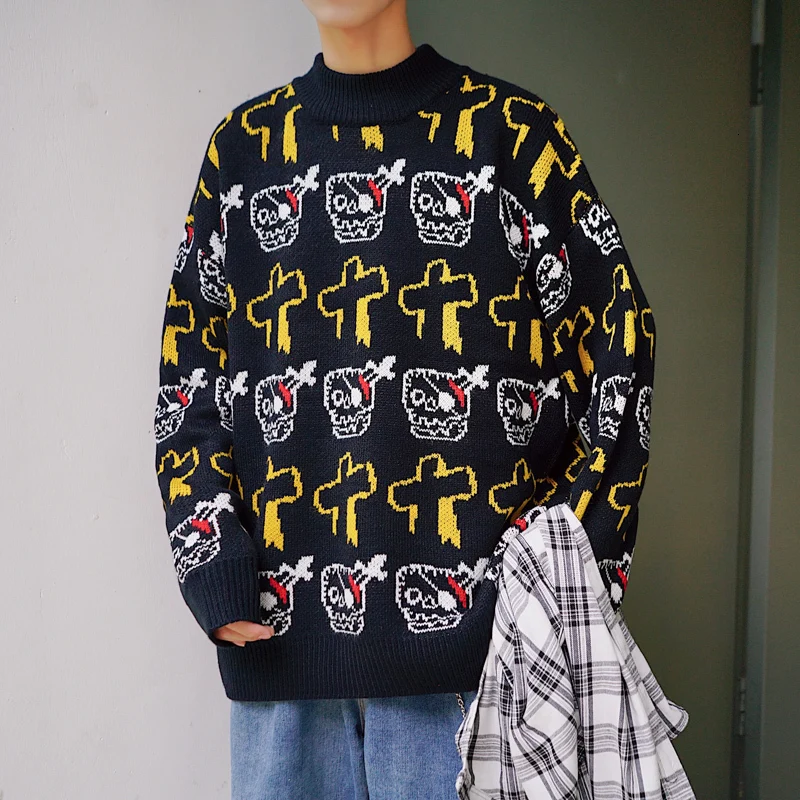 2019 Autumn new pullover trend fashion Cartoon sweater long sleeve mens Thick clothes Japan Style Hip Hop Black Blue 2019 Autumn new pullover trend fashion Cartoon sweater long sleeve mens Thick clothes Japan Style Hip Hop Black Blue
