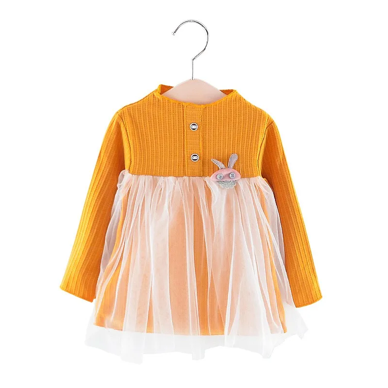 Casual Baby Girls Dress Solid Print Mesh Dress Cotton Kids Toddler Long Sleeve Sundress