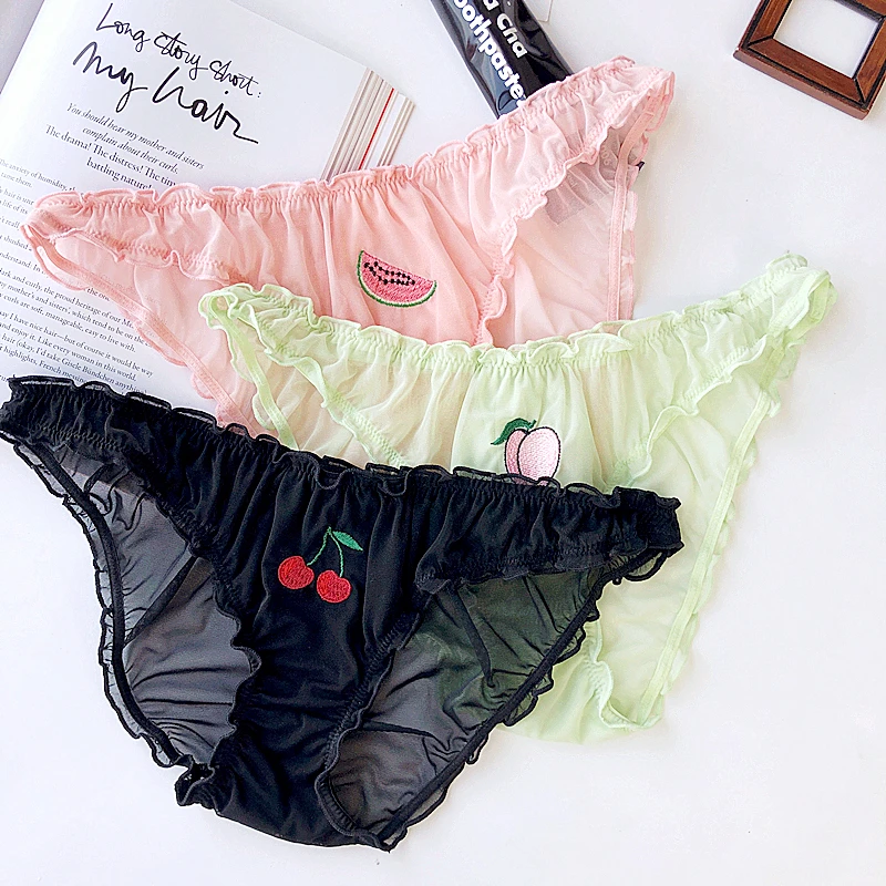 Women Panties S-XXL Sexy Lace Low-waist Fruit Embroidery Perspective Briefs Female Underwear Lingerie