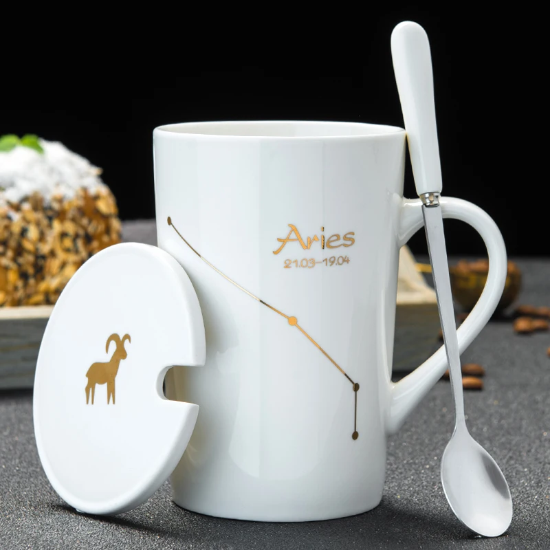 420ML 12 Constellation Creative Ceramic Couple Mug, with Spoon Cover Black Gold Porcelain Zodiac Milk Coffee Cup