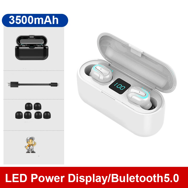 White TEBAURRY TWS V5.0 Bluetooth наушники беспроводные наушники мини беспроводные наушники 6D Hi-Fi стереогарнитура с внешним аккумулятором на 3500 мАч - Цвет: White