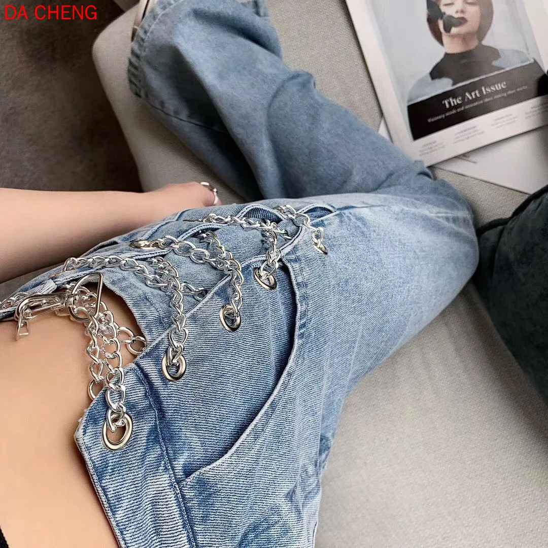 Babygirl Queen-Level Chain Print High-Waist Straight Loose-Fit Floor Pants Wide-Leg Jeans for Women Mom Jeans Mujer Pantalones