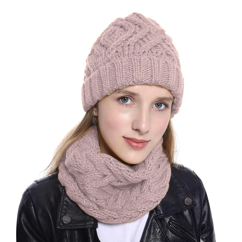 

Hat And Scarf 2019Top Women Two Pieces Pure Color Knitted Cap Keep Warm Neckerchief Winter Hat