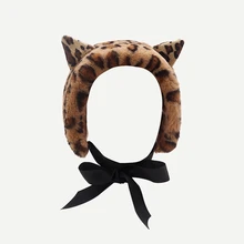 Leopardo earmuffs feminino outono inverno quente estilo japonês imitação de pele pelúcia criativo gato orelhas bowknot strappy acessórios