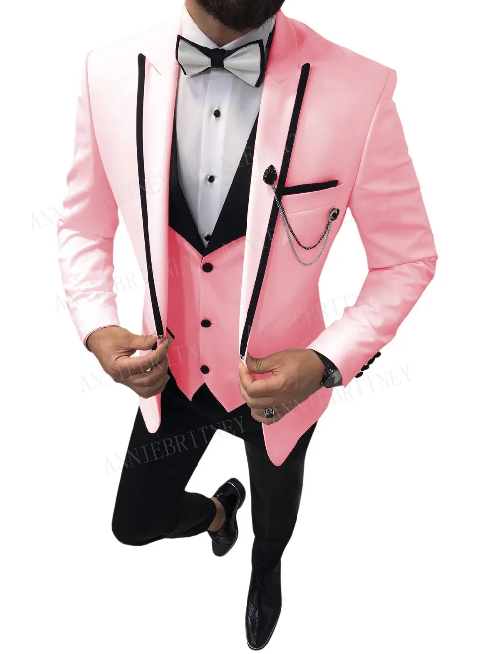 ANNIEBRITNEY Зеленый Смокинг для жениха на заказ с зубчатым отворотом повседневные мужские свадебные костюмы для выпускного бала лучший мужской блейзер брюки мужской костюм набор - Цвет: Розовый