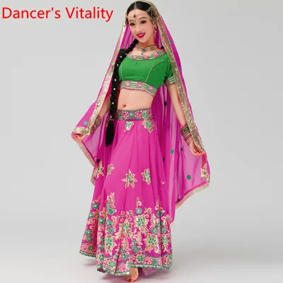 Top Skirt Veil as Ph Индийский танец Цвет Блокировка топ блесток гемлинии юбка набор с фатой Женщины взрослый живот Восточный танец представление одежда сценический костюм - Цвет: Top Skirt Veil as Ph