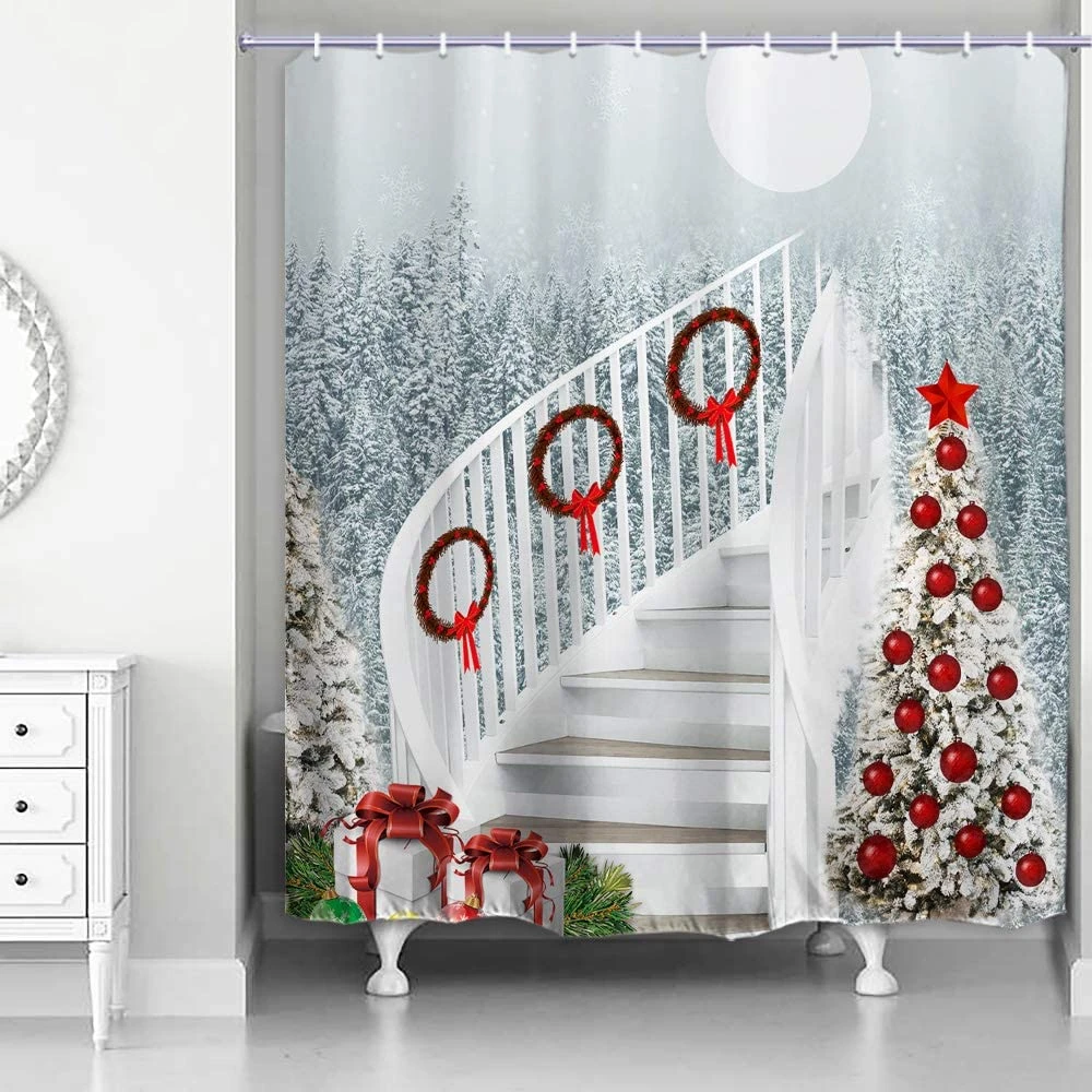 Juego de cortina de ducha para Navidad, juego de cortinas de baño para escaleras, árbol, nieve, noche, de Nochevieja con gancho de poliéster|Cortinas de ducha|