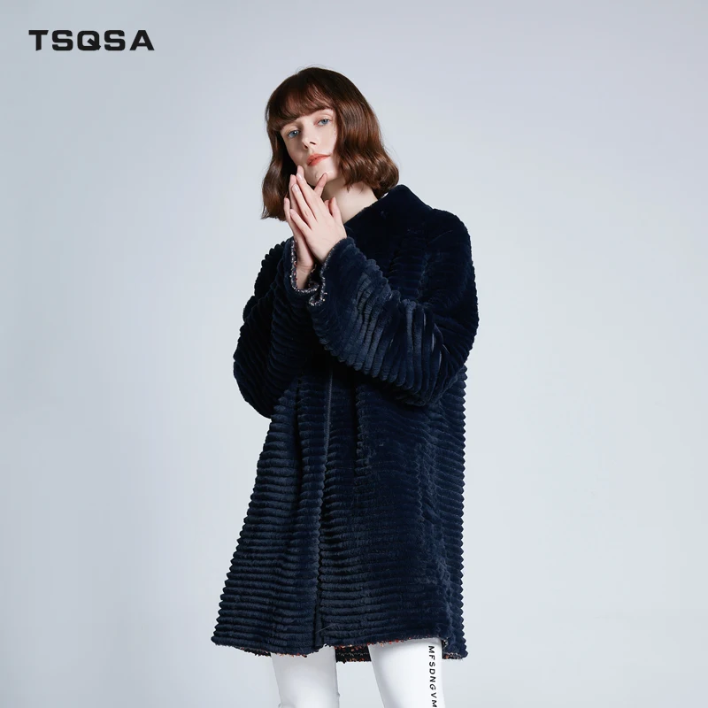 TSQSA женское осенне-зимнее двустороннее натуральное меховое пальто из натурального меха кролика рекс модное плотное меховое Женское пальто TAC1951
