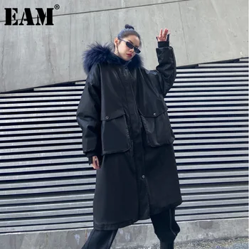 

[EAM] PU Leather Big Size Hooded Cotton-padded Coat Long Sleeve Loose Fit Women Parkas Fashion New Autumn Winter 2020 1DD0970