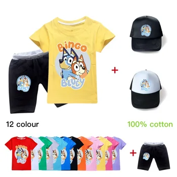 

Fashion Cotton Toddler Boy Clothes Summer T Shirt Outfit Set Bingo Bluey Cartoon Dogs Kids Kids Costume Girls Tops Short O-Neck