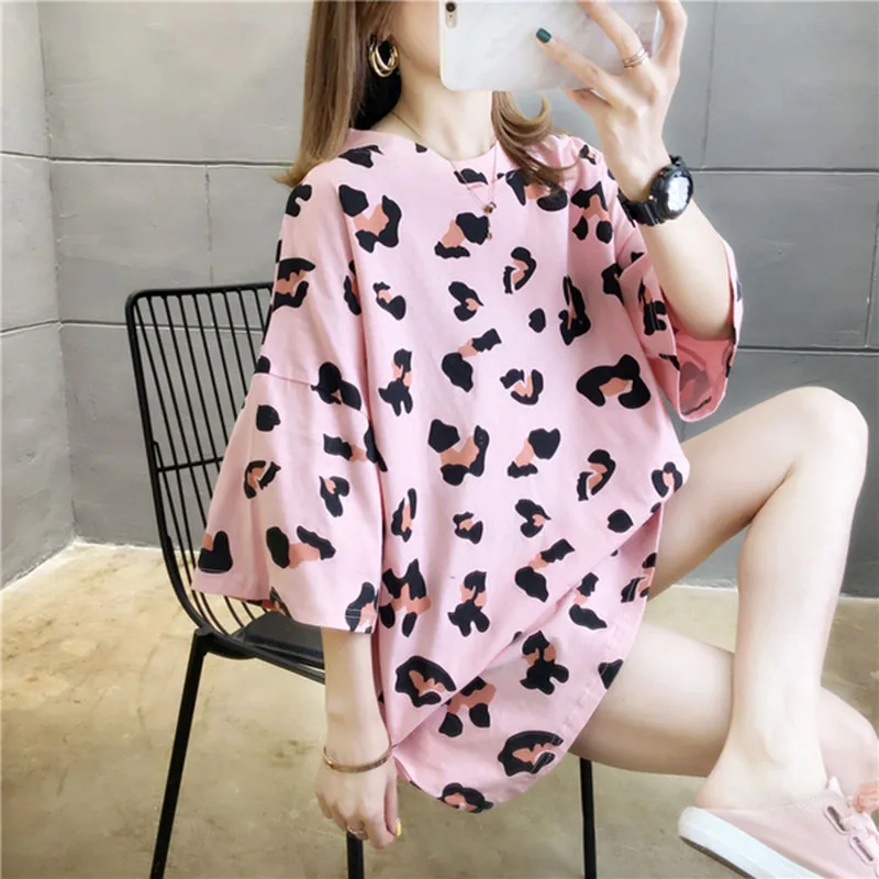 

2020 Women's Summer Summer Casual Cotton Round Neck Loose Short Sleeve Mid-length T-shirt Women's Print Leopard Cute Tops Women