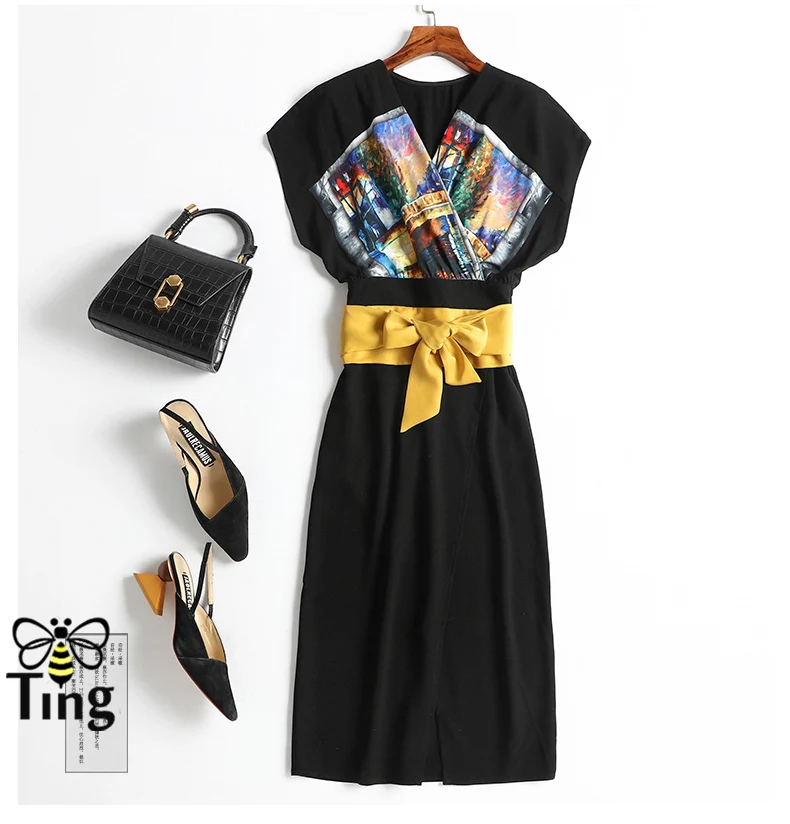 Tingfly Summer Elegant Office Lady Work Dress V neck Print Split Knee Length Dress with Sashes Plus size Dress 2XL