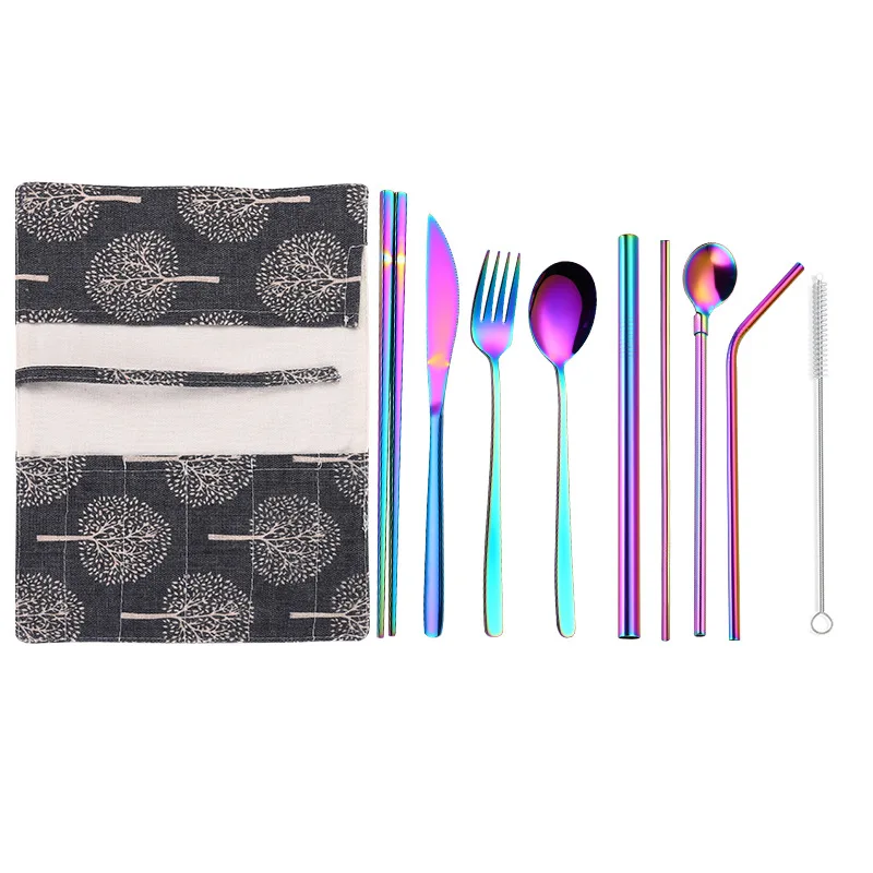 

9pcs Tableware Set Stainless Steel Knife Fork Spoon Chopsticks Straws Bag Set Kitchen Dinnerware Home Party Table Cutlery Set