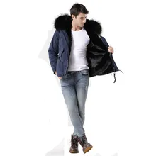 Высокое качество, темно-синее пальто, черная меховая Большая Меховая куртка с воротником из меха енота, Мужская зимняя верхняя одежда, меховая парка, повседневный стиль, S-4XL