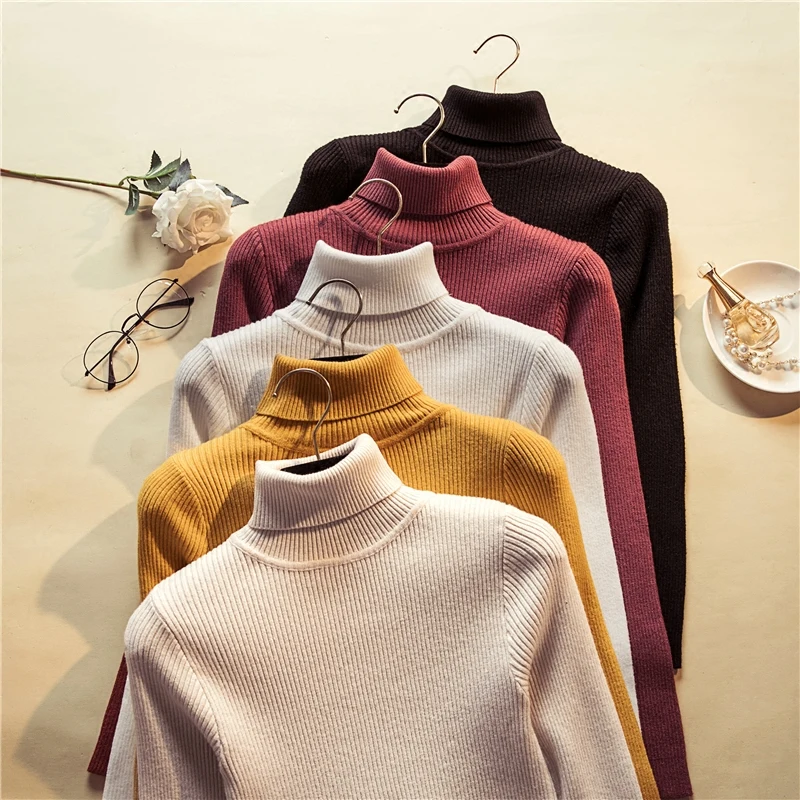 0.3 Autumn winter Turtleneck Knitted Women Sweeter and Pullovers Slim Elastic Black White Pink Gray Full Sleeves | Женская одежда