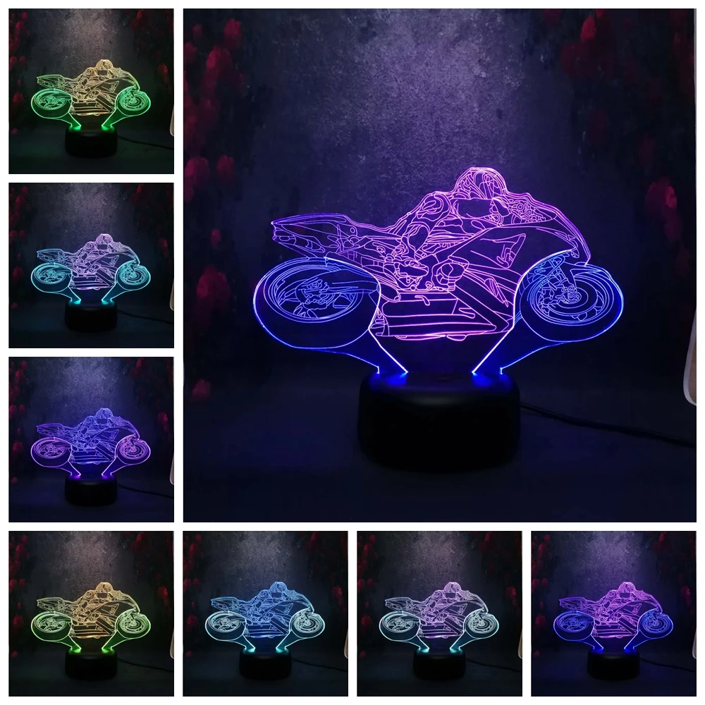 Супер крутой мотоцикл летающий человек креативный 3D USB Иллюзия ночник подростковый мальчик как гоночный художественный Декор Смешанные многоцветные настольные лампы