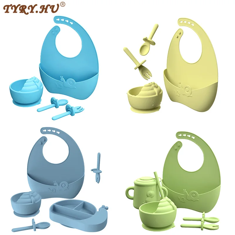 

TYRY.HU Baby Silicone Anti-drop Non-slip Plate Kids Bowl Plates Snail Cartoon Cup Spoon Fork Set Baby Feeding Silicone Tableware