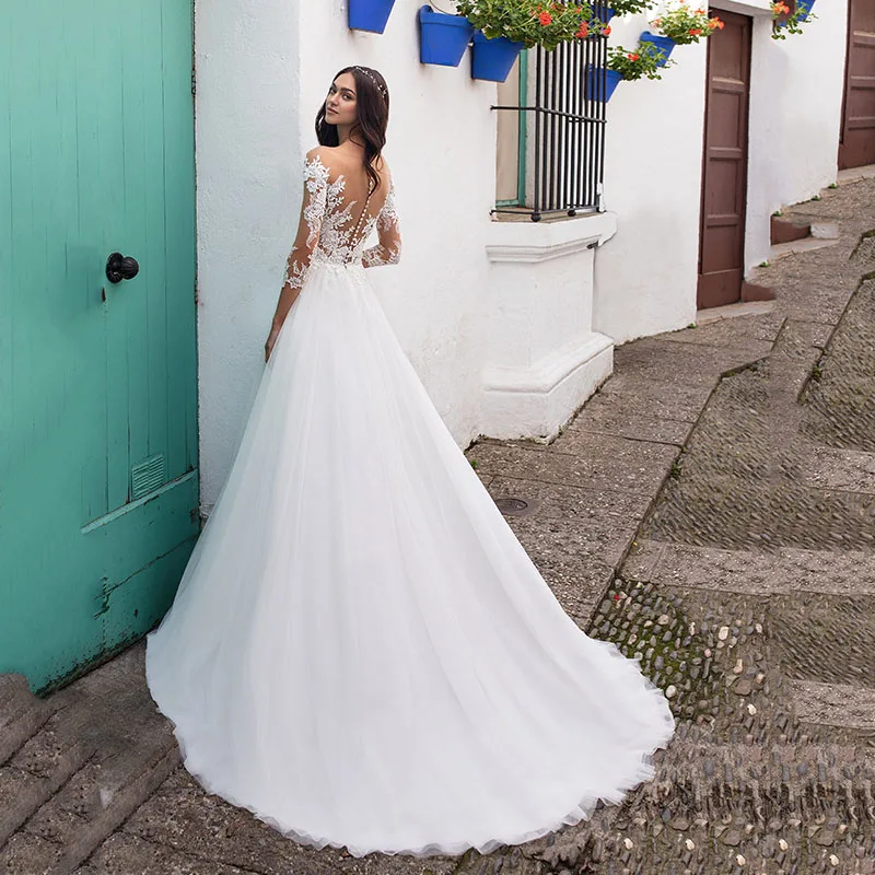 Eightree Tree Quarter A-Line свадебное платье Иллюзия Аппликации Свадебные платья vestido de noiva Бисероплетение Милое Свадебное Платье