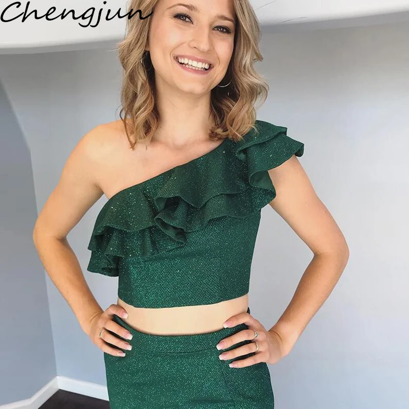Chengjun Two Piece Fishtail Emerald Green One Shoulder Lady Evening Formal Dresses