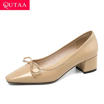 

QUTAA 2020 Sheepskin Pointed Toe Single Shoes Sweet Butterfly-Knot Women Pumps Square Heel Slip on Women Shoes Big Size 34-43