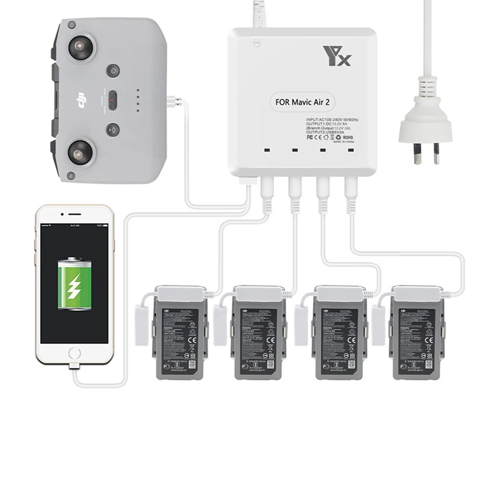 6 in1 Rechargeable Battery Housekeeper for DJI Mavic Air 2 Drone Multifunction At The Same Time Rechargeable Battery Accessories