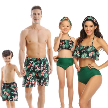 

bunvel Family Look Mom And Daughter Bathing Suit Dad and Son Swim Trunks Floral Leaf Printed Ruffle Family Matching Clothes 2020