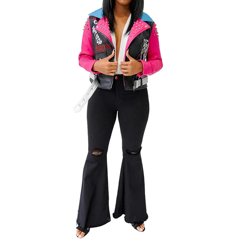 Women's Rivet Printing Lapel Contrast Color Zipper PU Leather Fashionable Coat Long-sleeve Short Jacket