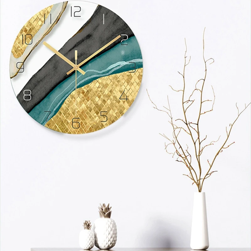 Wall Clock Nordic Decorative Marble Printing Wall Clock Mute Quartz Round Glass Wall Clock Modern Design Home Decoration