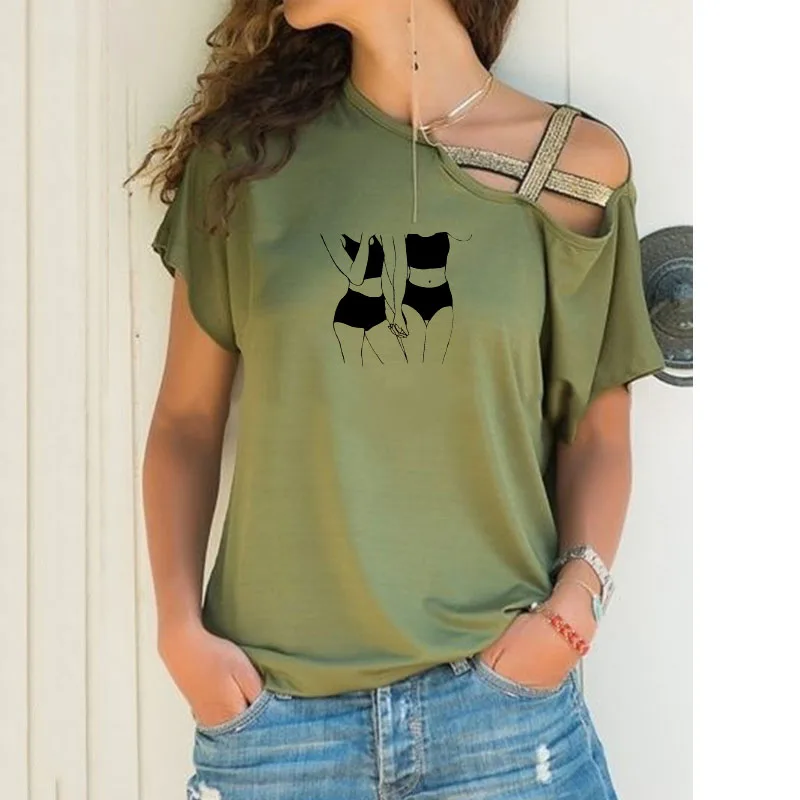 Personality Gay Pride Print New Loose Irregular T-shirt Women Casual Sexy Skew Neck Cross Bandage Tops for Female Lover Gift | Женская