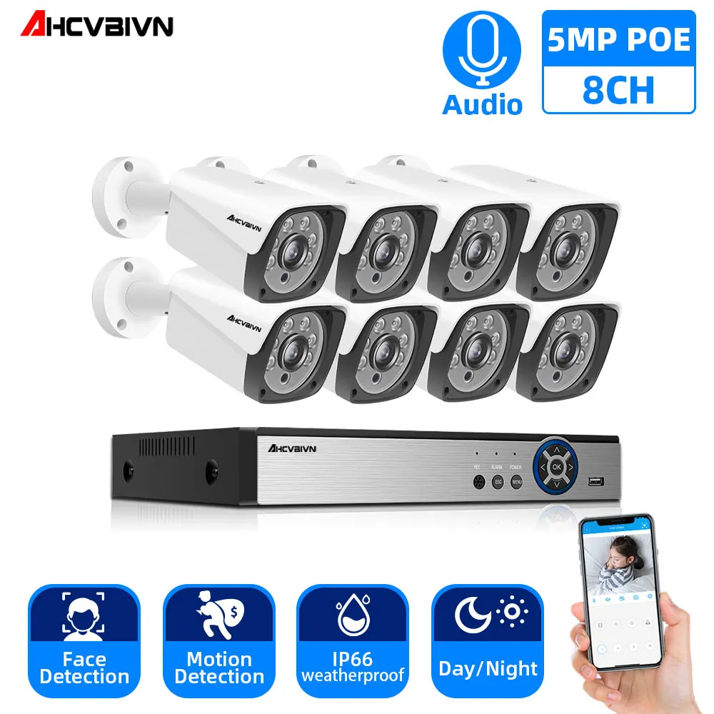 

H.265+ 8CH 5MP POE Audio Security System NVR Kit POE IP Camera IR Outdoor IP66 Face Detection CCTV Video Surveillance NVR Set